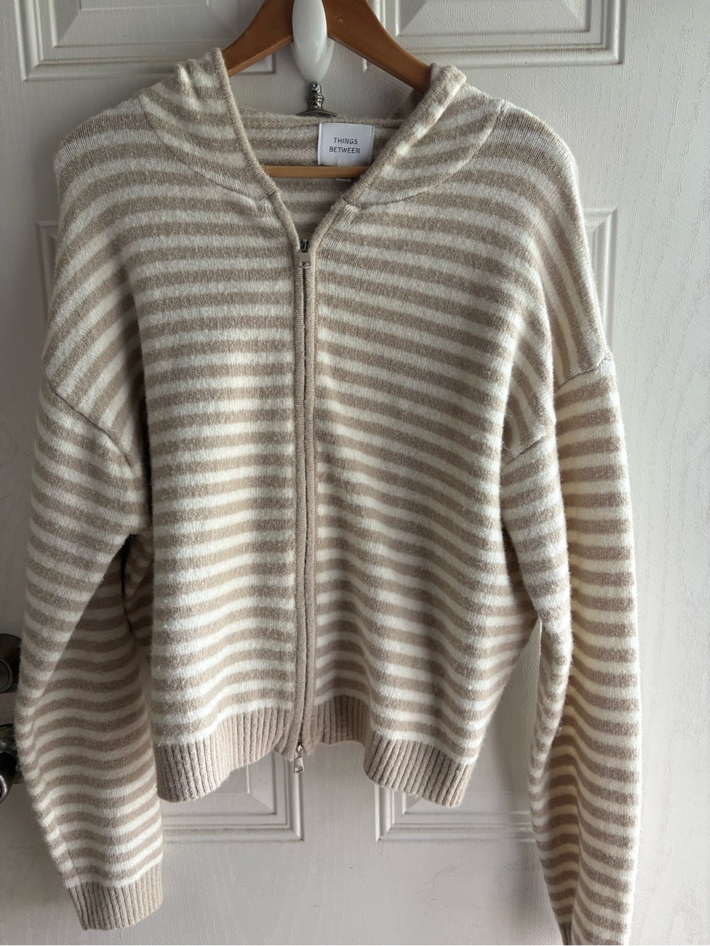Things Between Beige & White Striped Zip Hoodie Cardigan